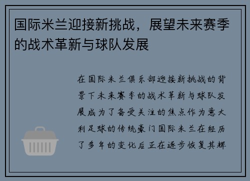 国际米兰迎接新挑战，展望未来赛季的战术革新与球队发展