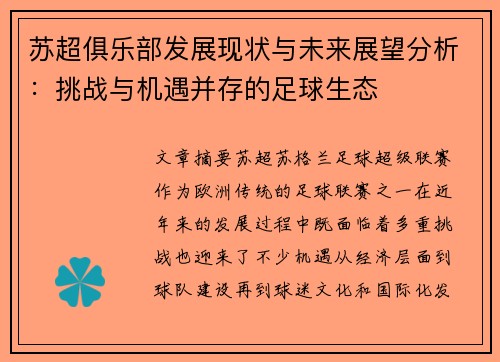 苏超俱乐部发展现状与未来展望分析：挑战与机遇并存的足球生态