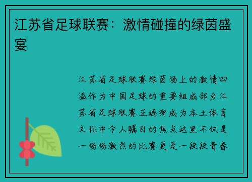 江苏省足球联赛：激情碰撞的绿茵盛宴