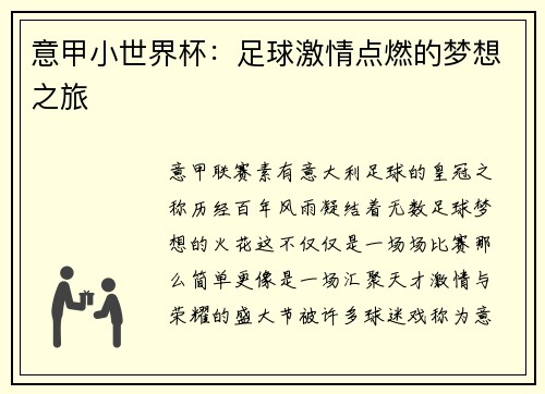意甲小世界杯：足球激情点燃的梦想之旅